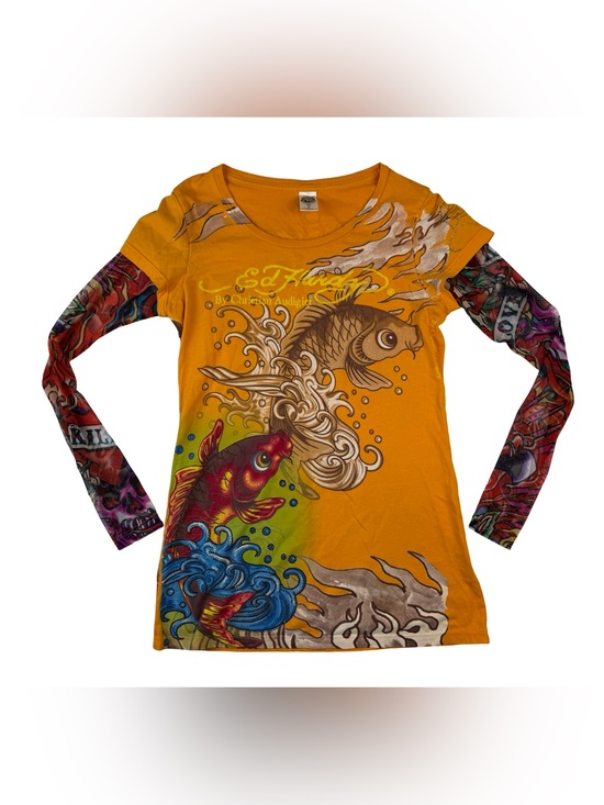 Ed Hardy Tops - ED HARDY TATTOO SHEER MESH SLEEVE~KOI FISH~YELLOW COTTON SHIRT TOP USA Small